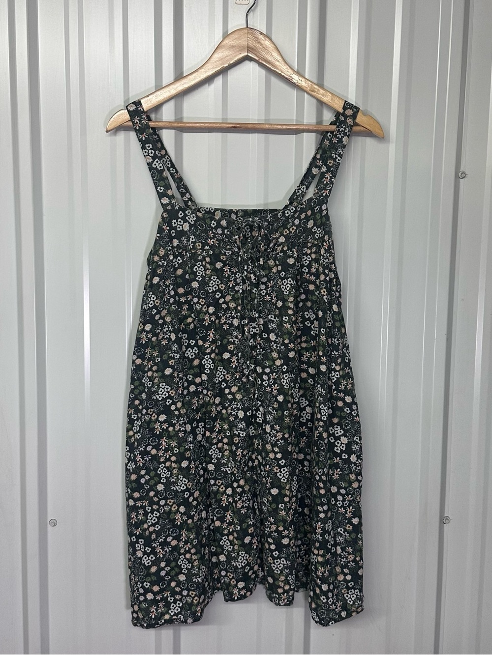 Natural Life Black Floral Tie Front Cotton Mini Dress Boho Cottagecore Size XS